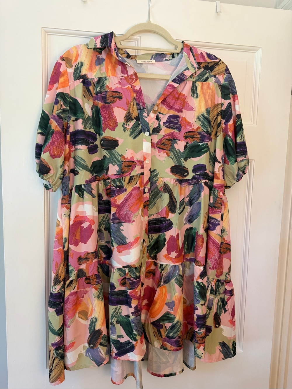 Abstract Brushstroke Tiered Mini Dress in Pink & Green